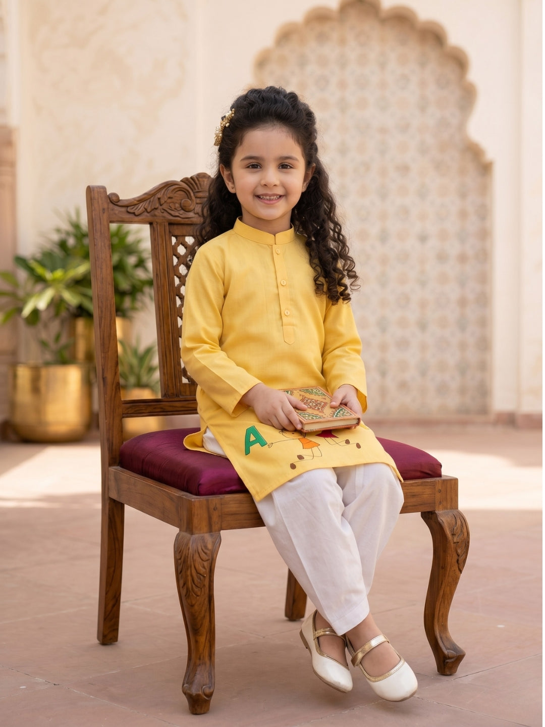 [DGKS-MGSP] Girls Yellow Ethnic Motifs Printed Cotton Kurti Set