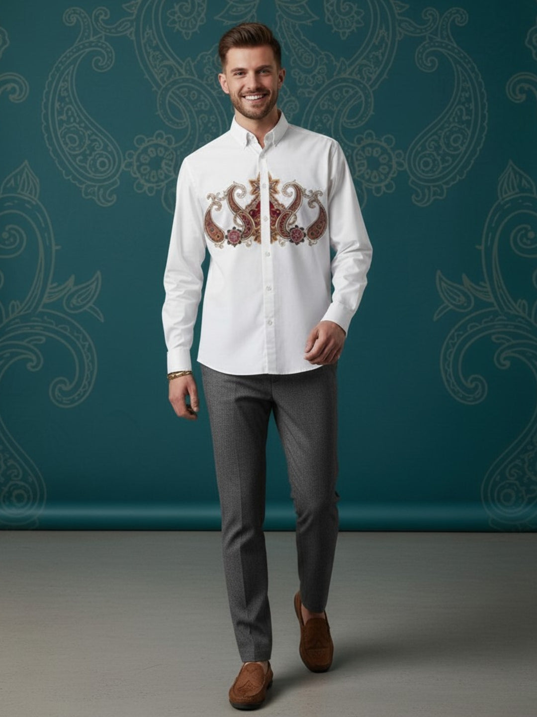 [DS-MGSP] Men's White Ethnic Printed Cotton Shirt