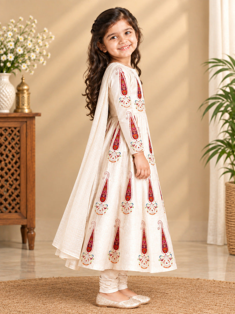 Girls' Off-White Art Silk Kurti and Churidar Pant Set – Printed