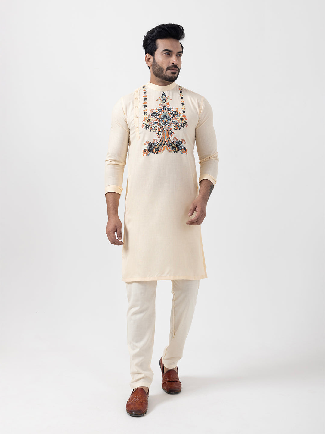 Mens Beige Side Placket Printed Kurta Whit Pyjama Set