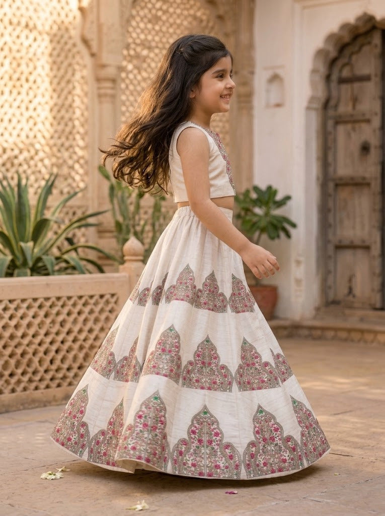 Girls' Off-White Art Silk Lehenga Set – Printed