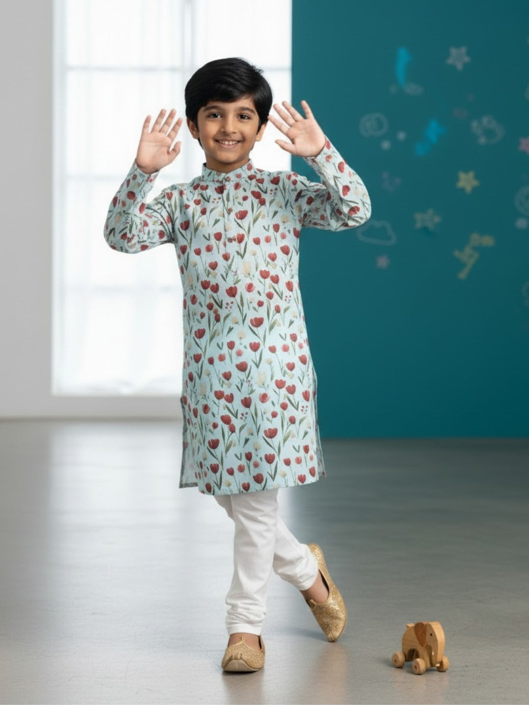 [DBKS-MGAO] Boy's Sky Blue Ethnic motifs Printed cotton kurta Set
