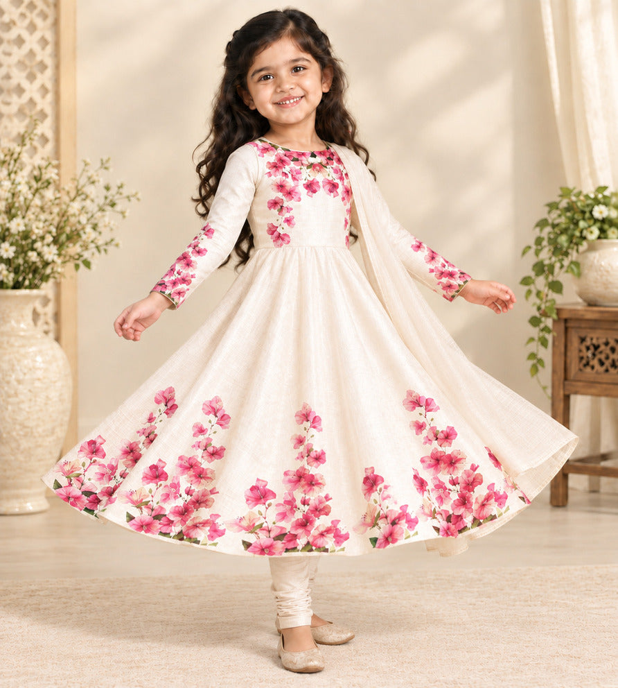 Girls' Off-White Art Silk Kurti and Churidar Pant Set – Printed