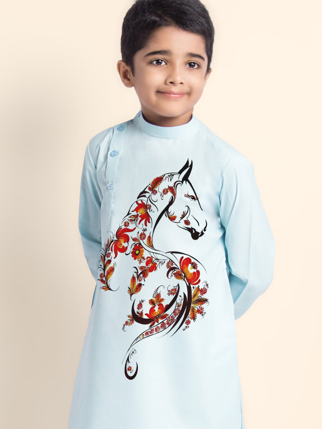 Boys Sky Blue Printed Kurta With Pyjama Set