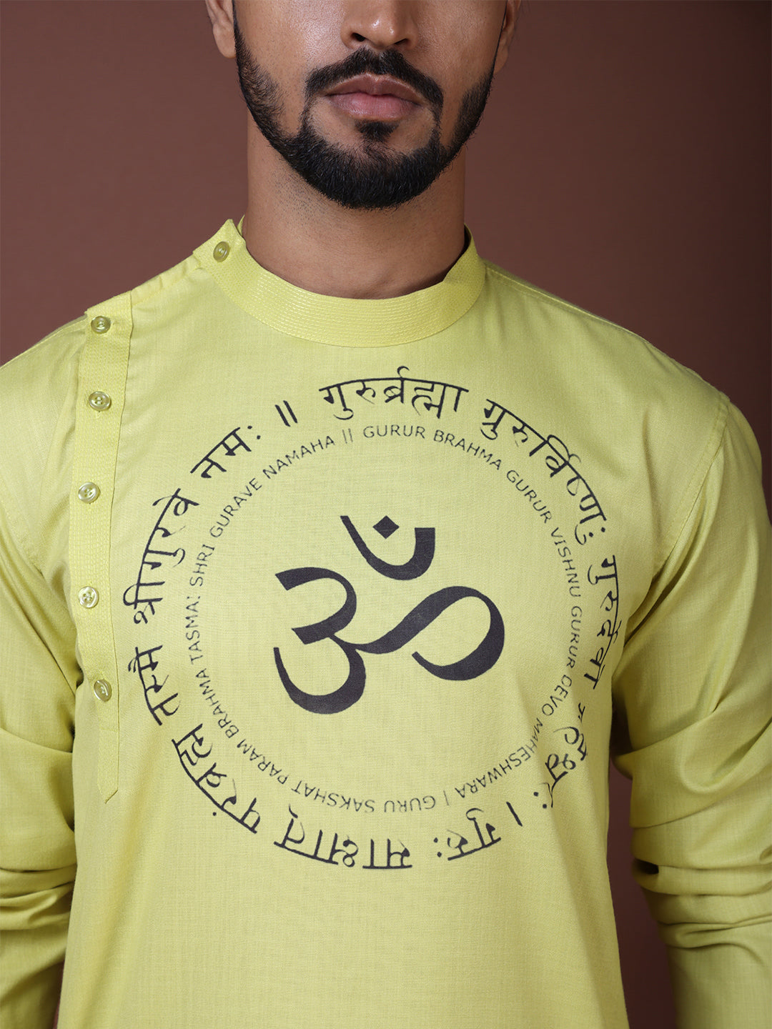 Mens Lime Green Side Placket Printed Kurta With Pyjama Set