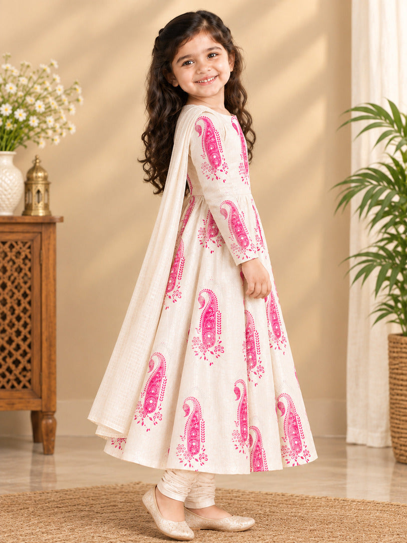 Girls' Off-White Art Silk Kurti and Churidar Pant Set – Printed