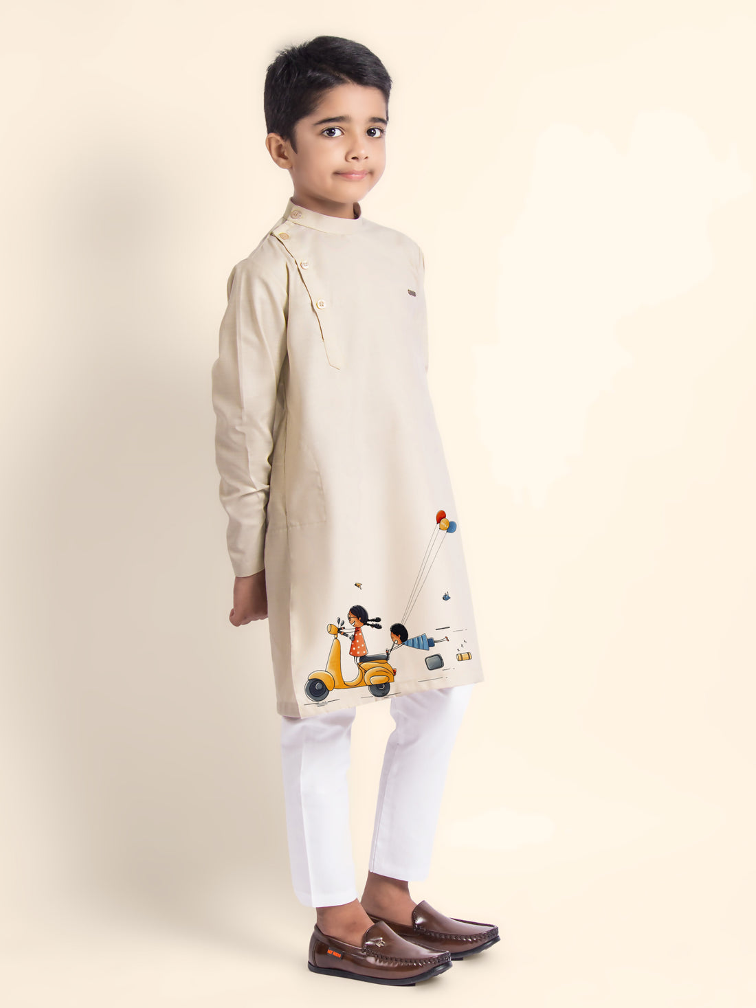 Boys Beige Printed Kurta With Pyjama
