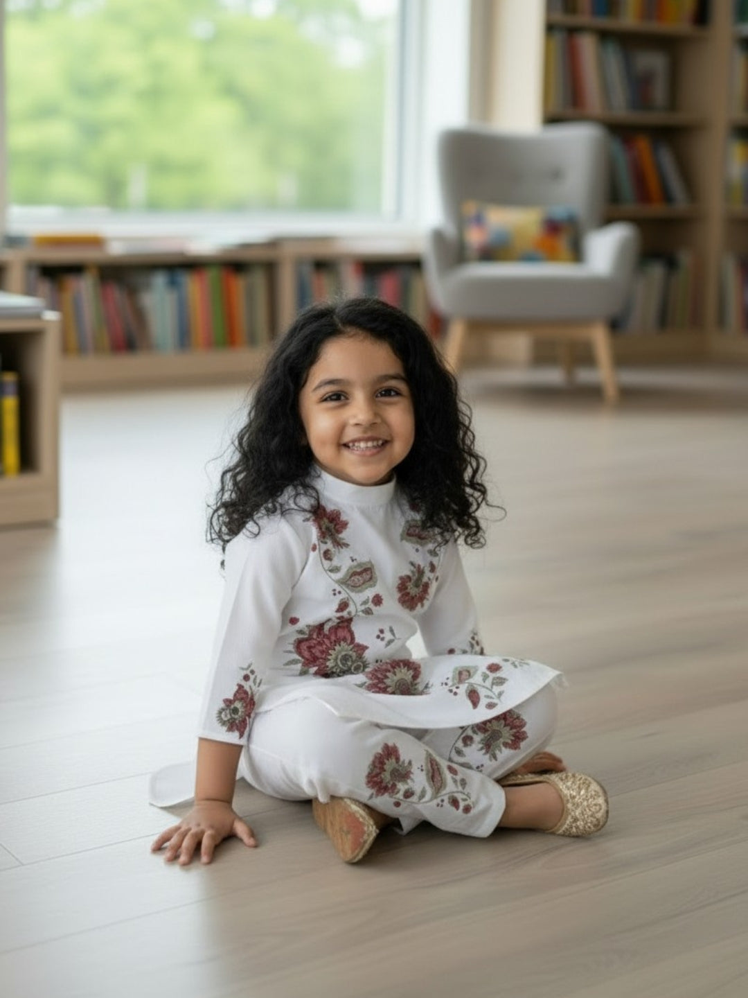 [DGKS-MGSP-B] Girls White Ethnic Motifs Printed Cotton Kurti Set