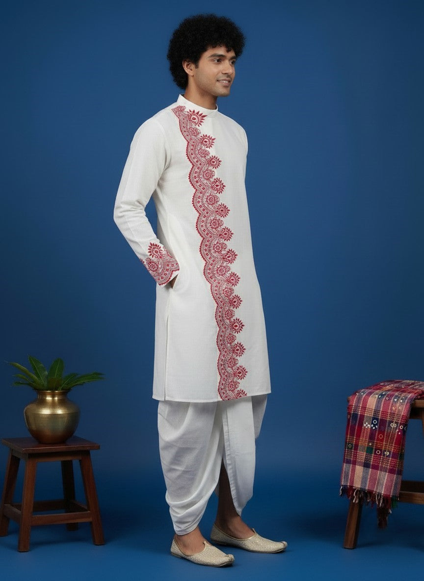 Men's White Cotton Kurta with Dhoti Set – Ethnic Print & Side Placket