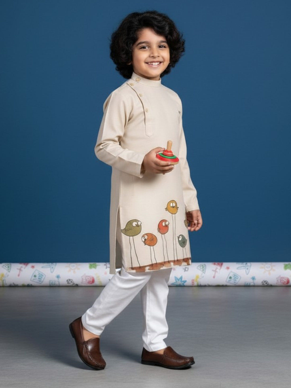 [DBKS-MGSP-B] Boy's Beige Ethnic motifs Print cotton kurta Set