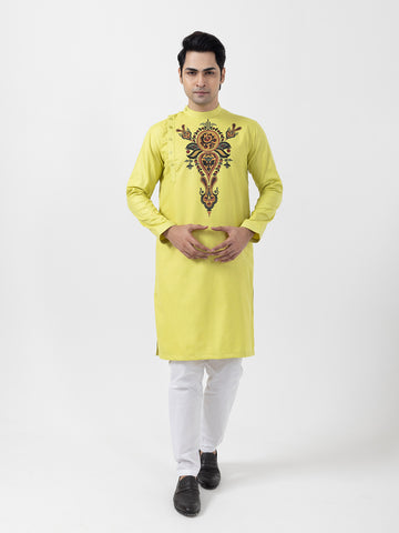 Mens Lime Green Side Placket Printed Kurta Wite Pyjama Set