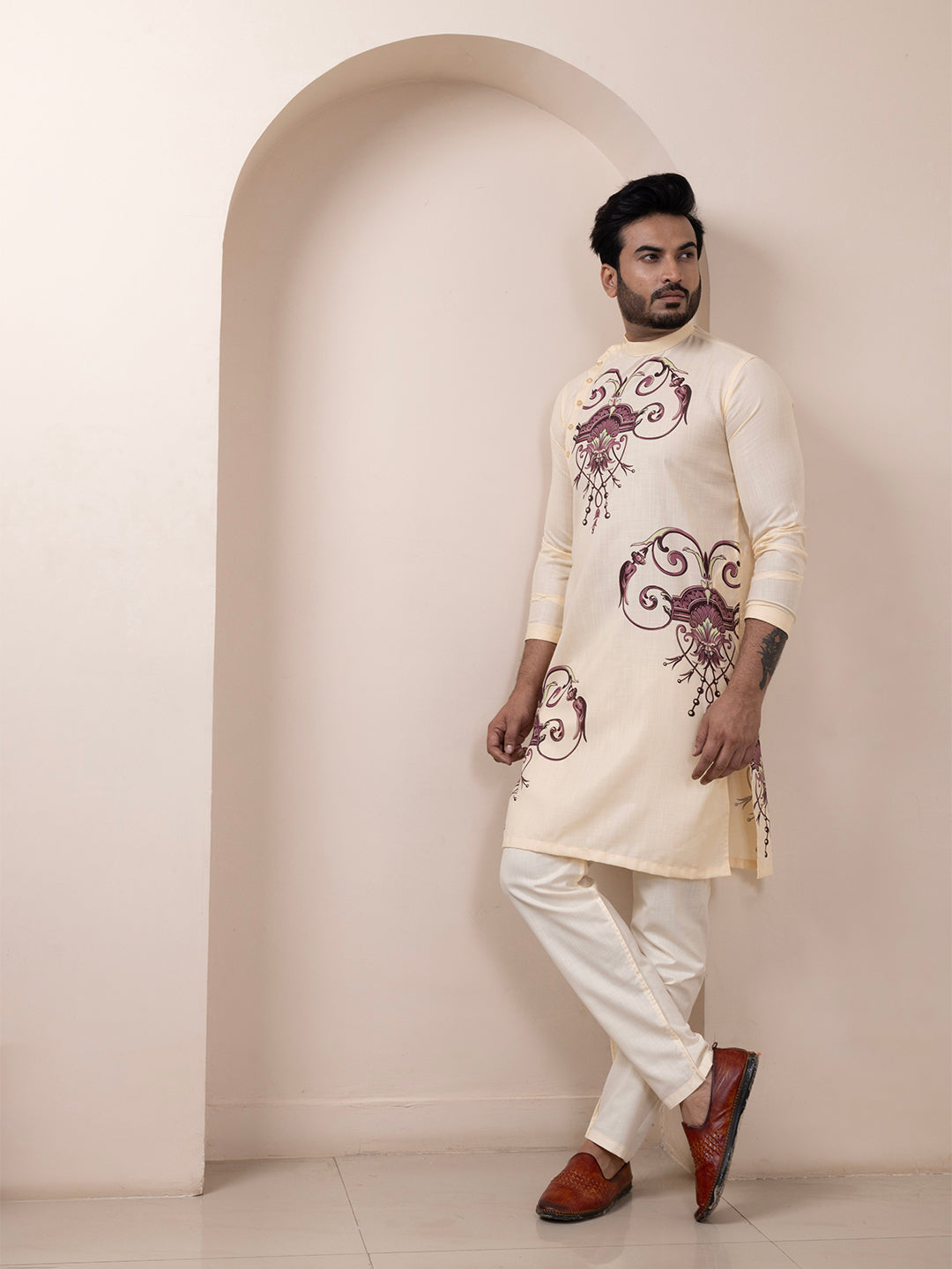 Mens Beige Side Placket Printed Kurta With Pyjama Set