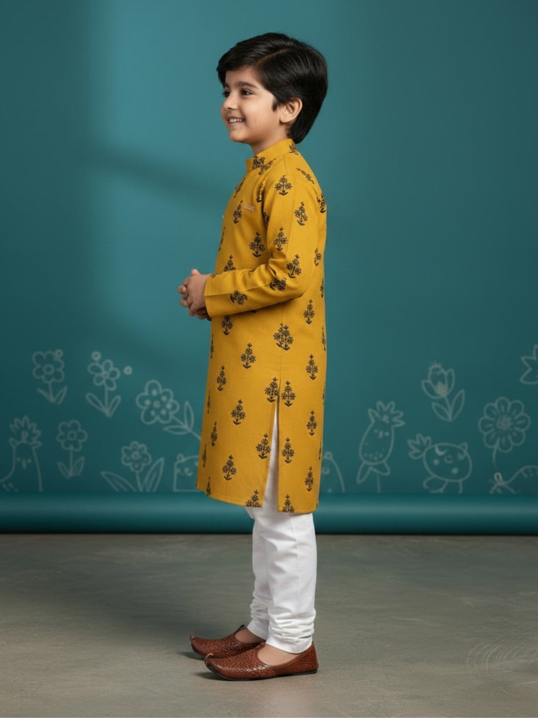 [DBKS-MGAO-B] Boy's Yellow Ethnic motifs Printed cotton kurta Set