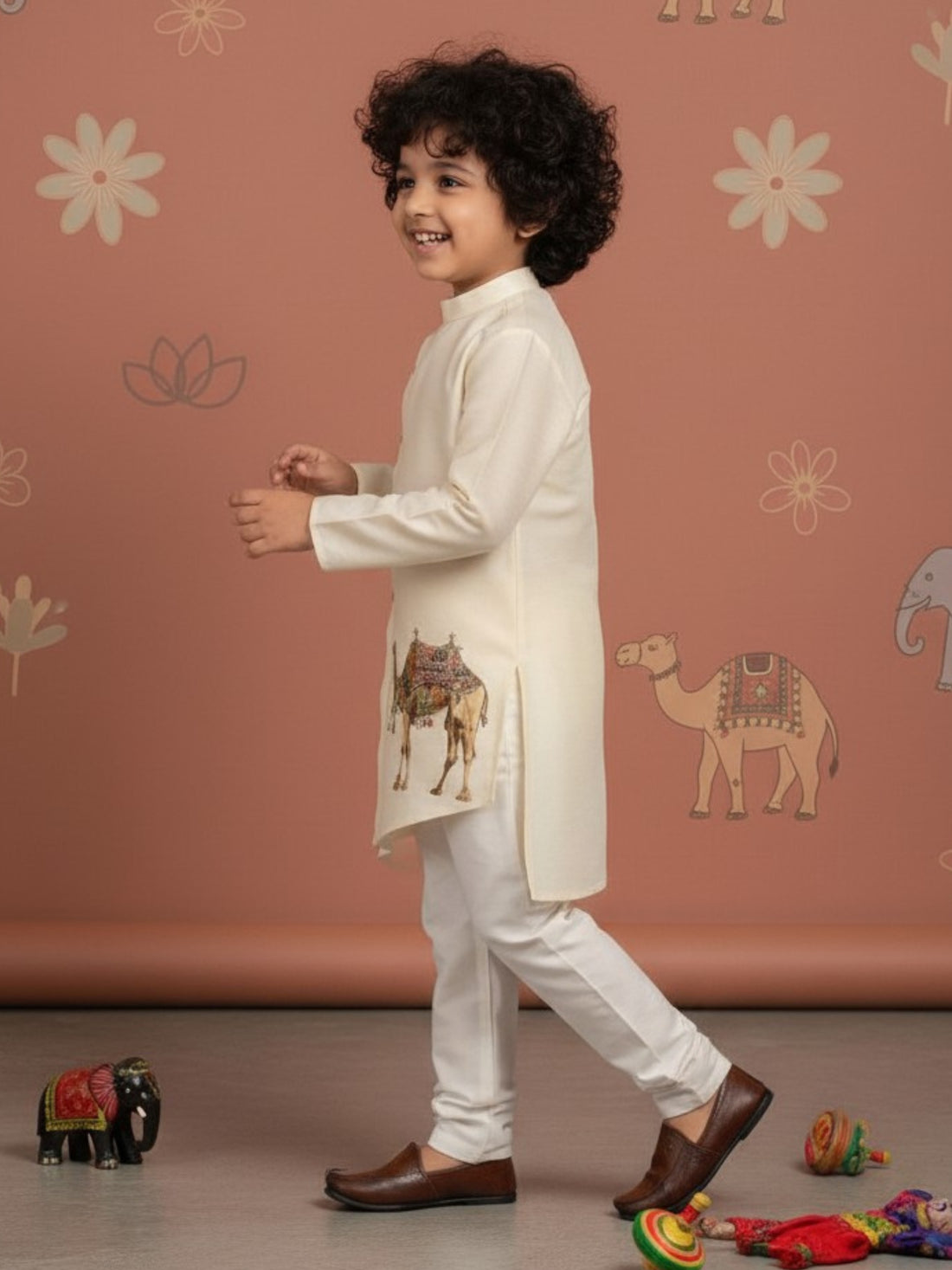 [DBKS-DPSP-D] Boy's Beige Ethnic motifs Print Art Silk kurta Set