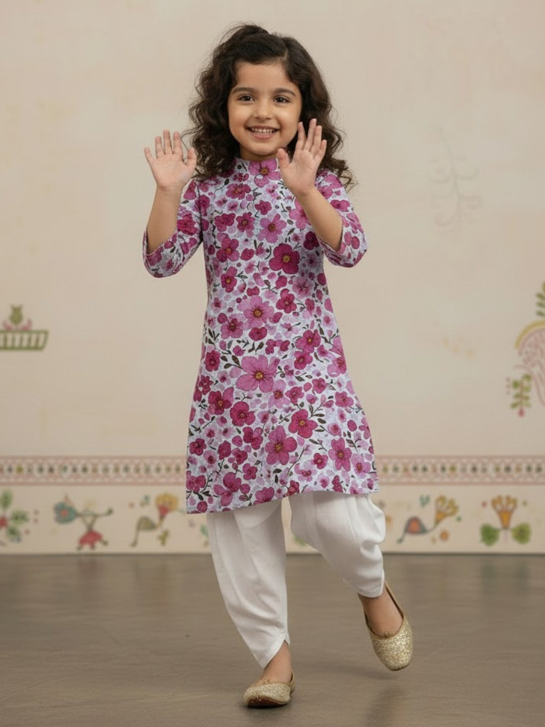 [DGKS-MGSP] Girls Multi Color Ethnic Motifs Printed Cotton Kurti Set