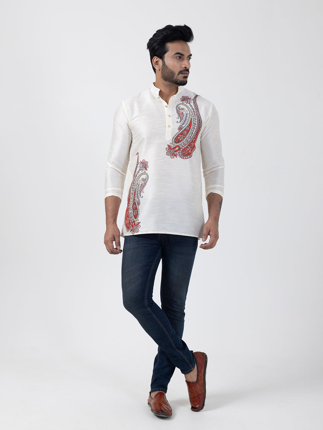 [DPSP-S] Men's White Ethnic Print Art Silk Short Kurta
