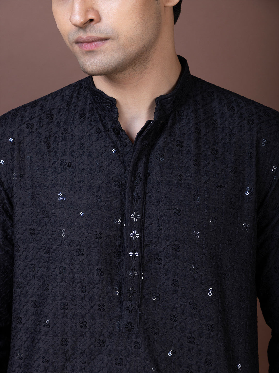 Mens Black Chikankari Kurta with Pyjama