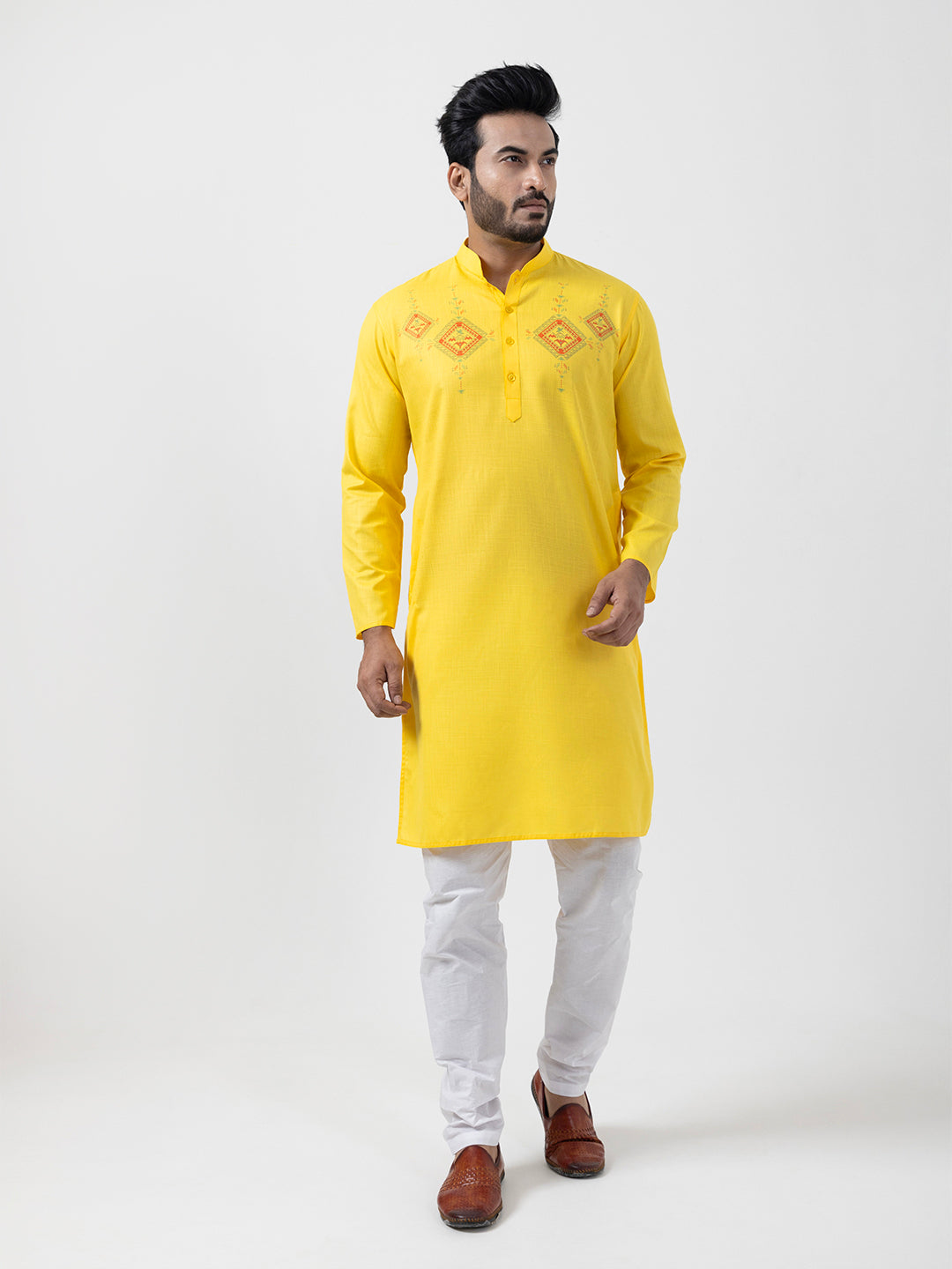 [CCSP] Men's Yellow Ethnic Print Cotton Kurta Set