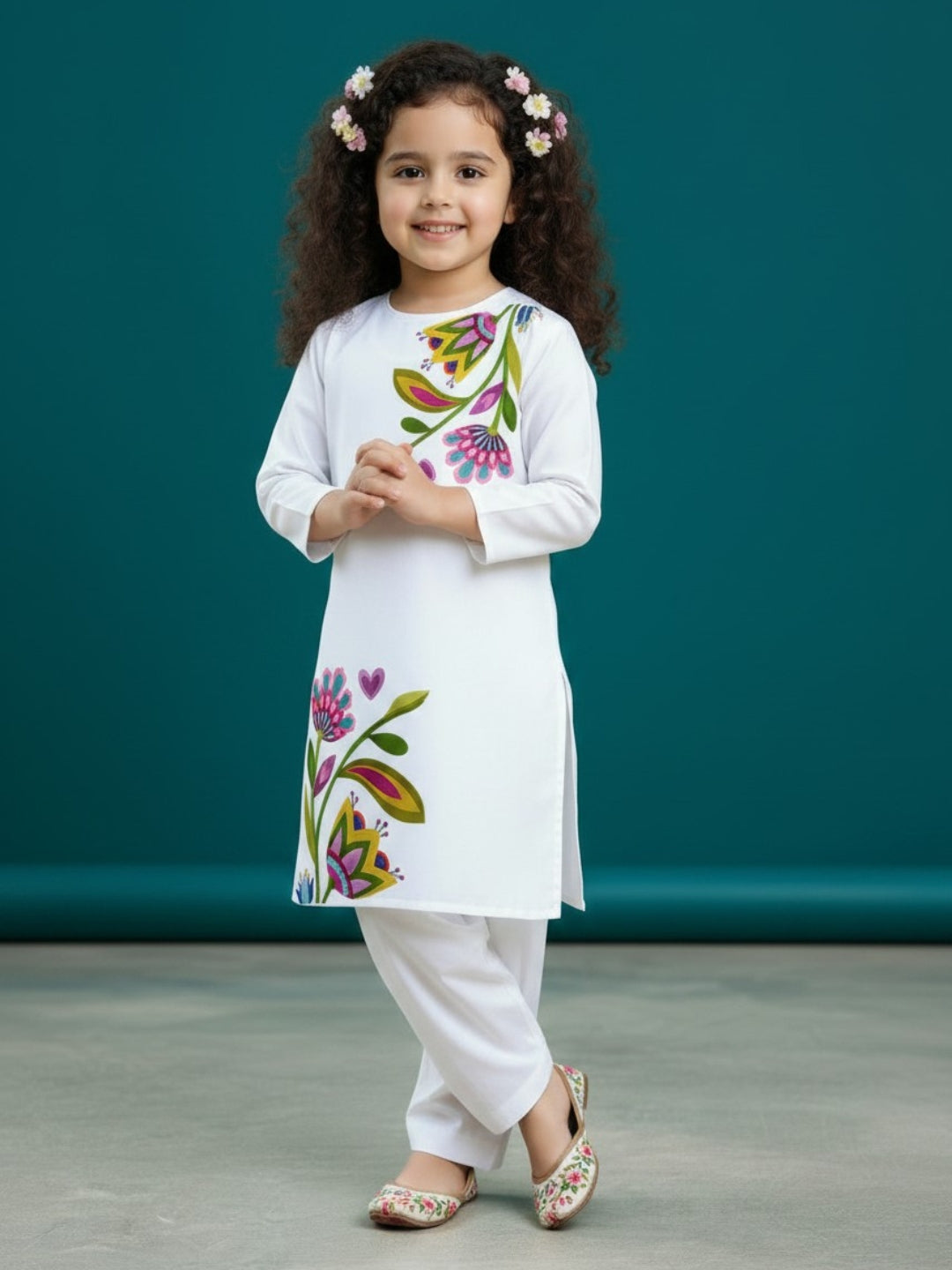 [DGKS-MGSP-RN] Girls White Ethnic Motifs Printed Cotton Kurti Set