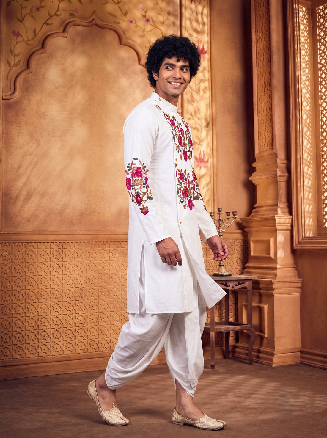 Men's White Cotton Kurta with Dhoti Set – Ethnic Print & Side Placket