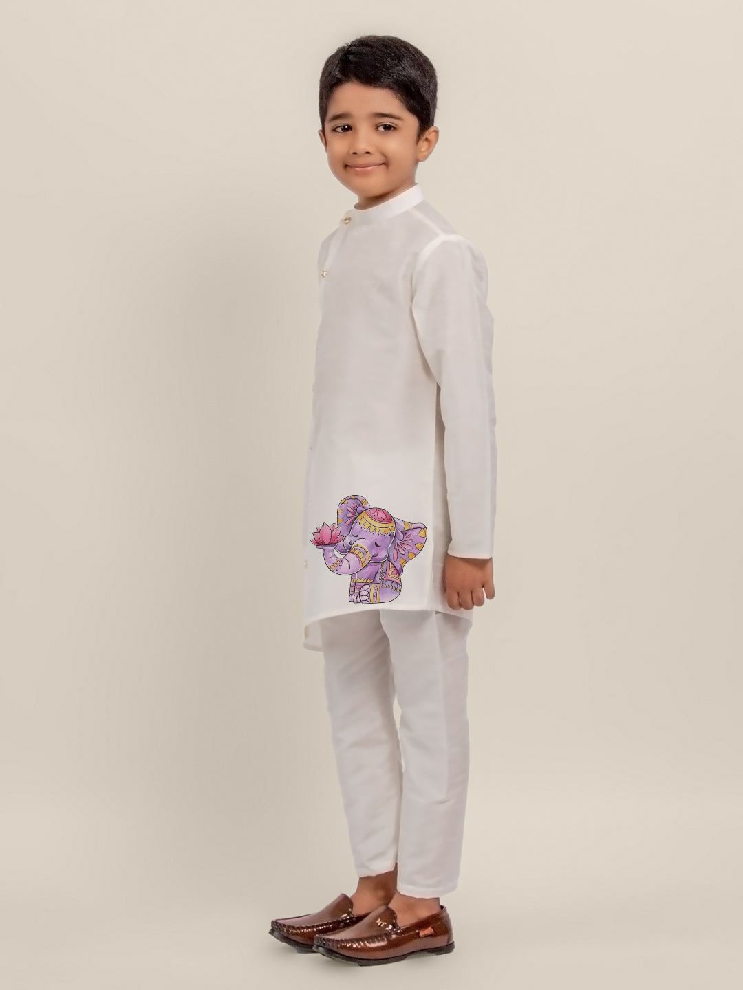 Boys White Printed Kurta With Pyjama Set