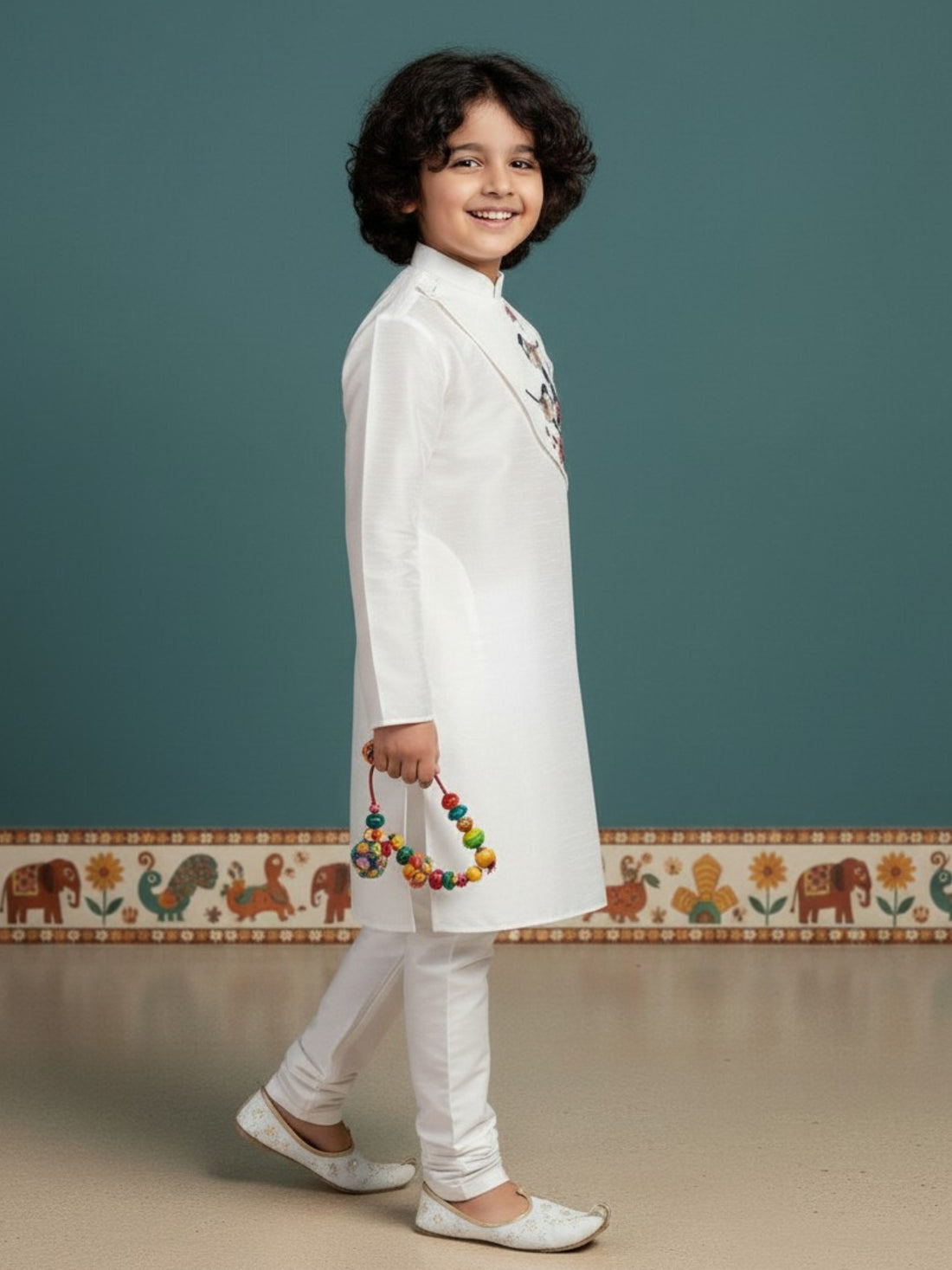 [DBKS-DPSP-D] Boy's White Ethnic motifs Print Art Silk kurta Set