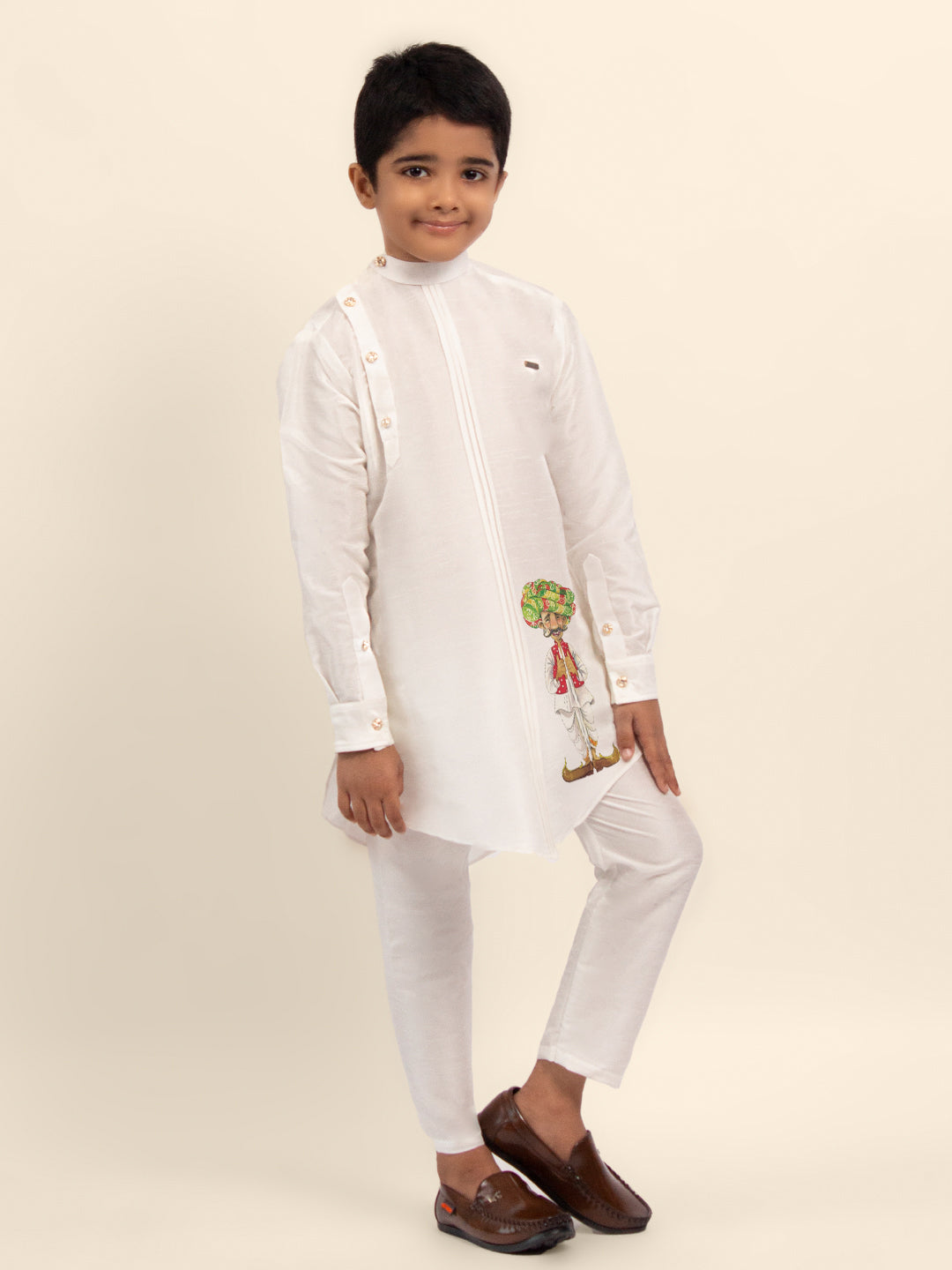 Boys White Printed Kurta With Pyjama Set