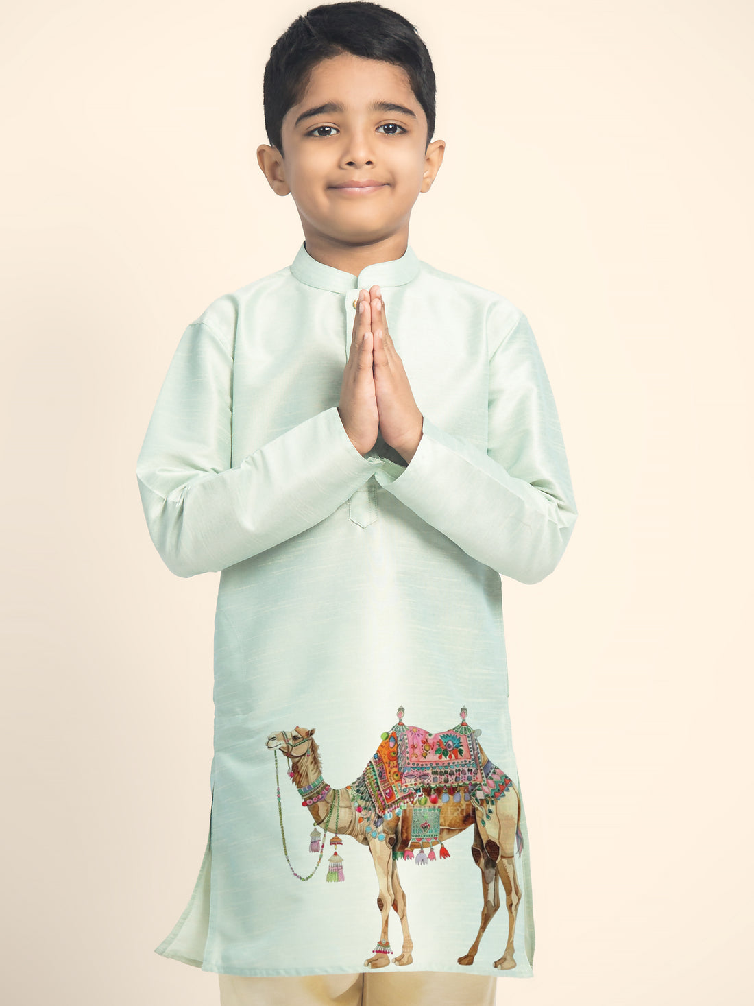 Boys Green Printed Kurta with Beige Pyjama Set