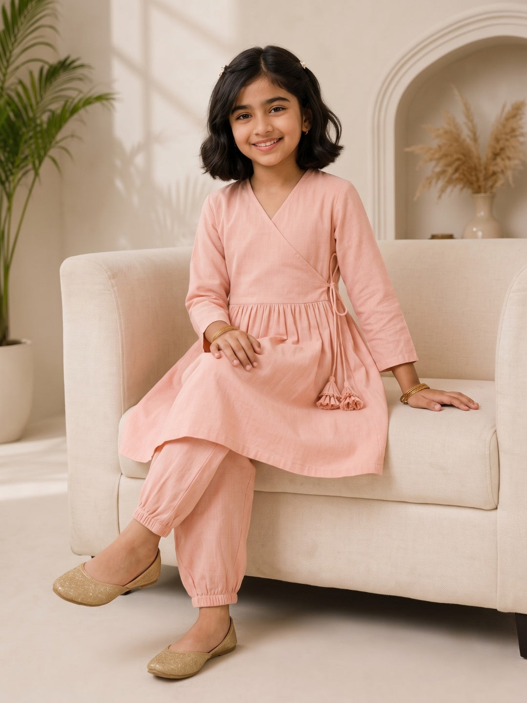 Girls' Pink Cotton Kurti Set – Solid