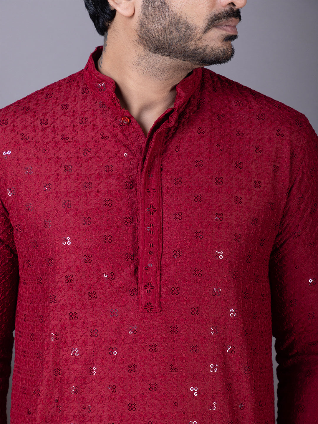 Mens Maroon Chikankari Kurta with Pyjama