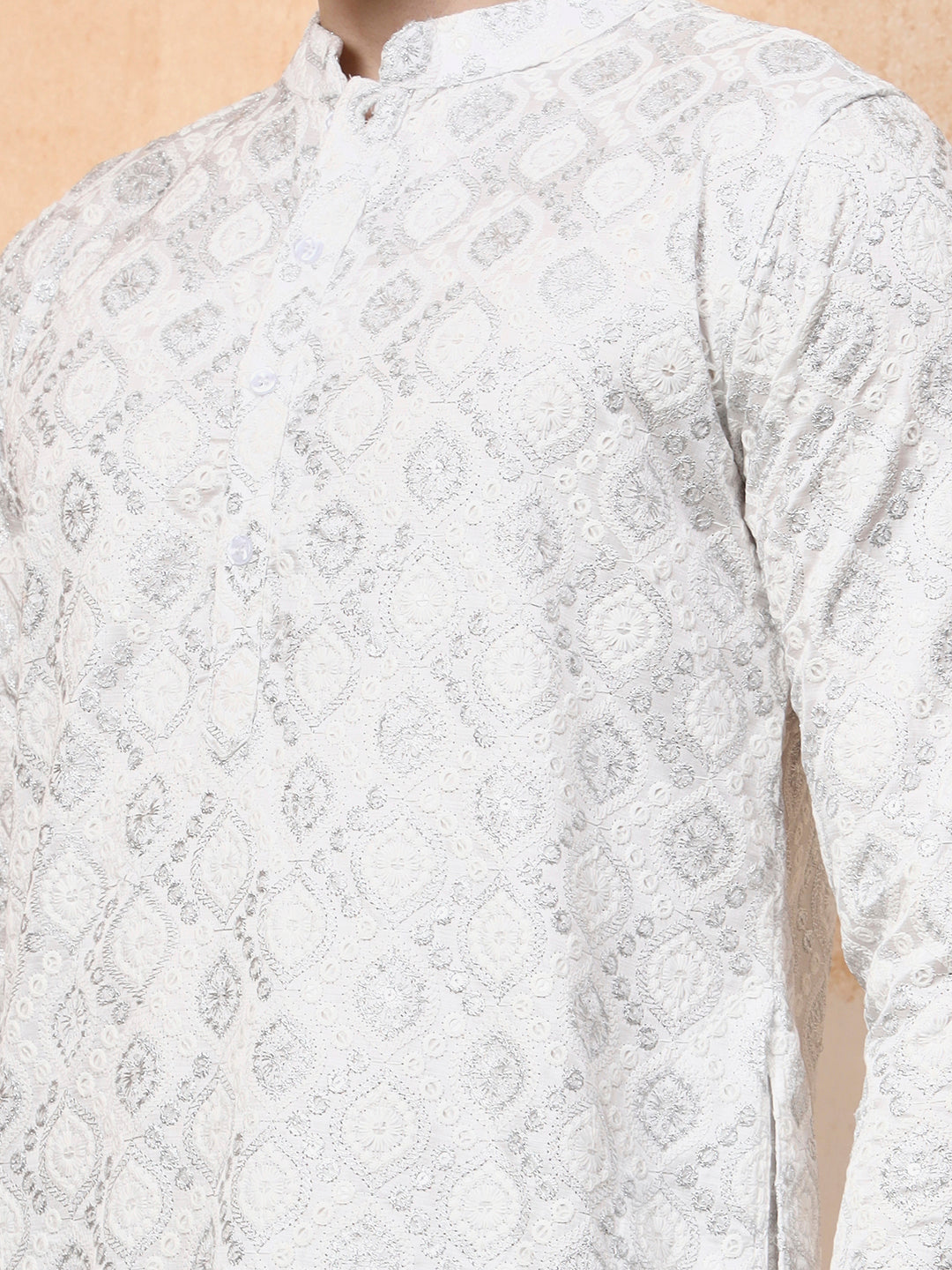 [KD] Men's White Silver Jari Work Cotton Kurta Set