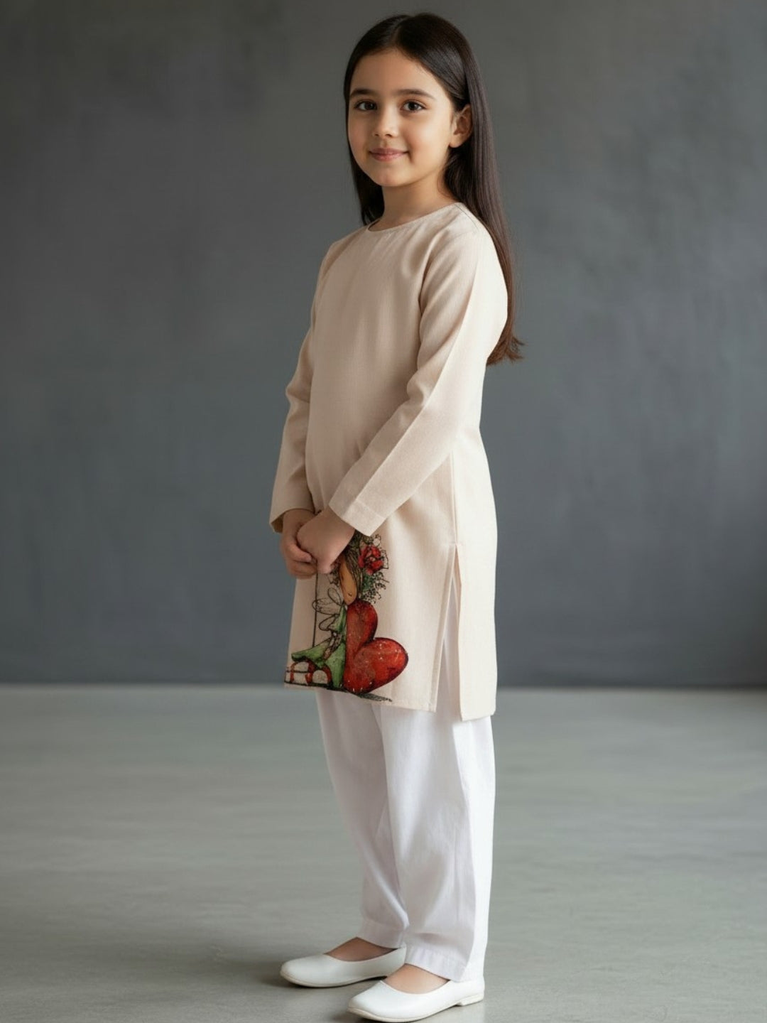 [DGKS-MGSP-RN] Girls Beige Ethnic Motifs Printed Cotton Kurti Set