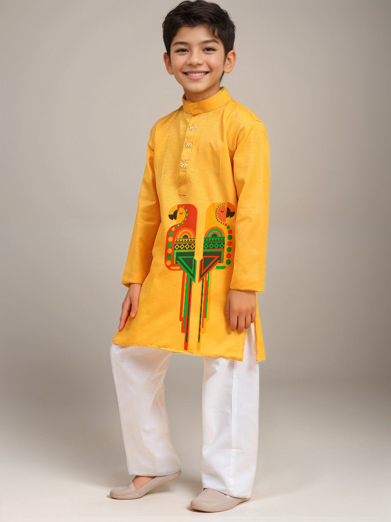 Boys Yellow Printed Kurta with Pyjama Set