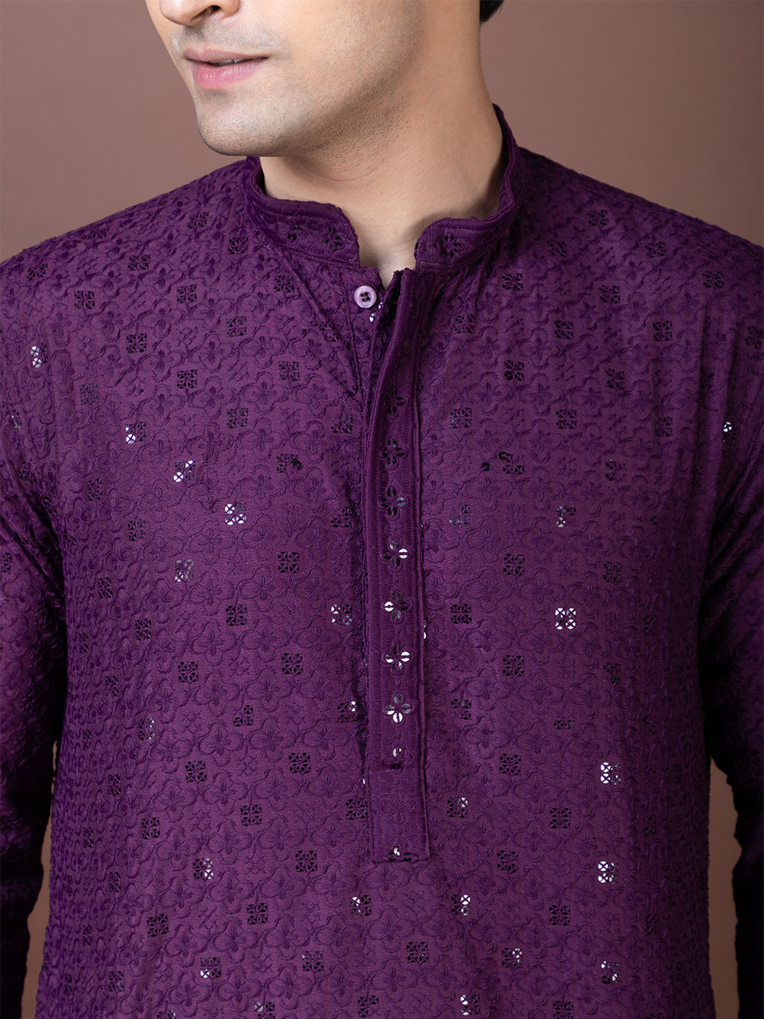 Mens Purple Chikankari Kurta with Pyjama
