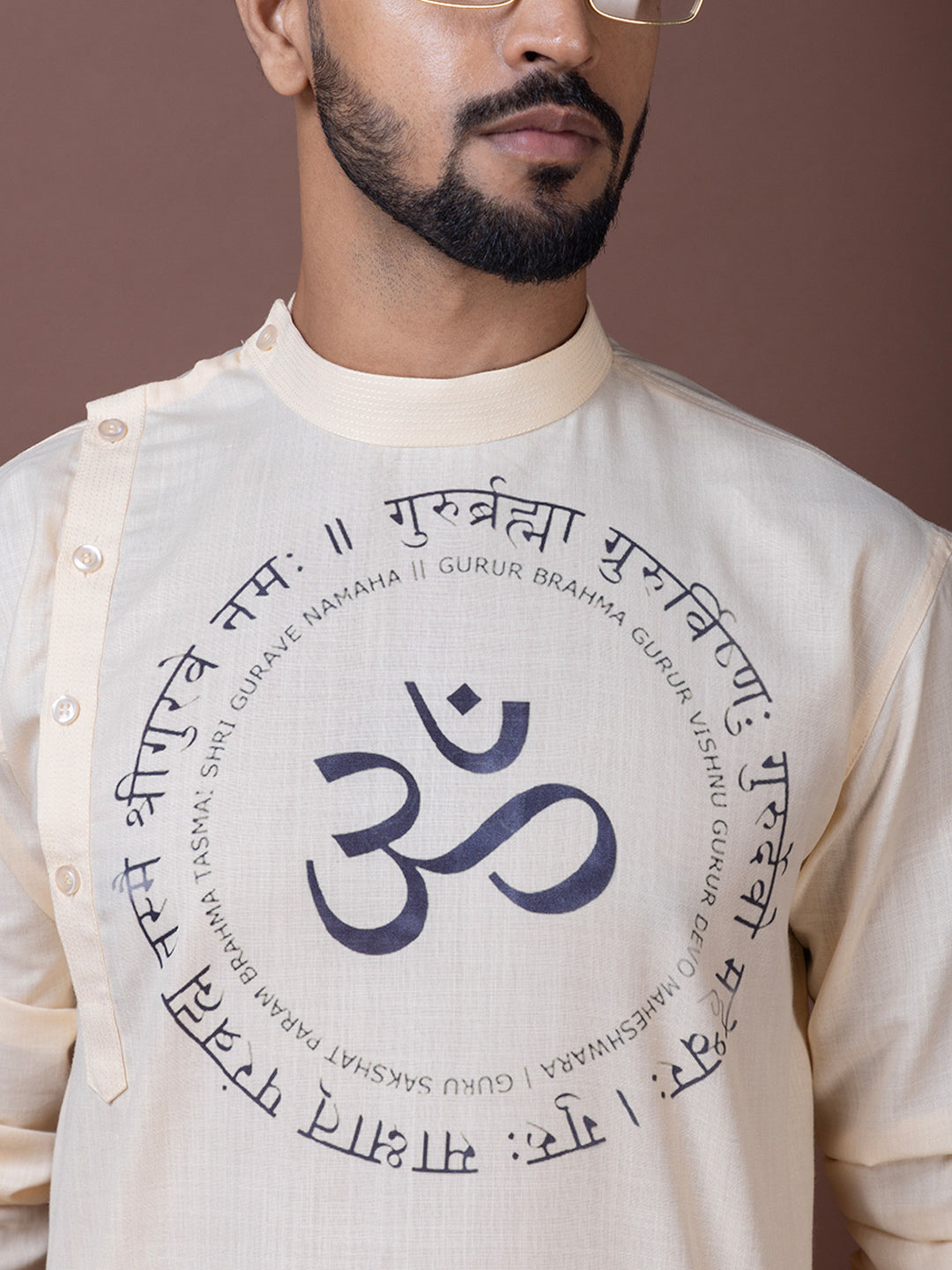 Mens Beige Side Placket Printed Kurta With Pyjama Set