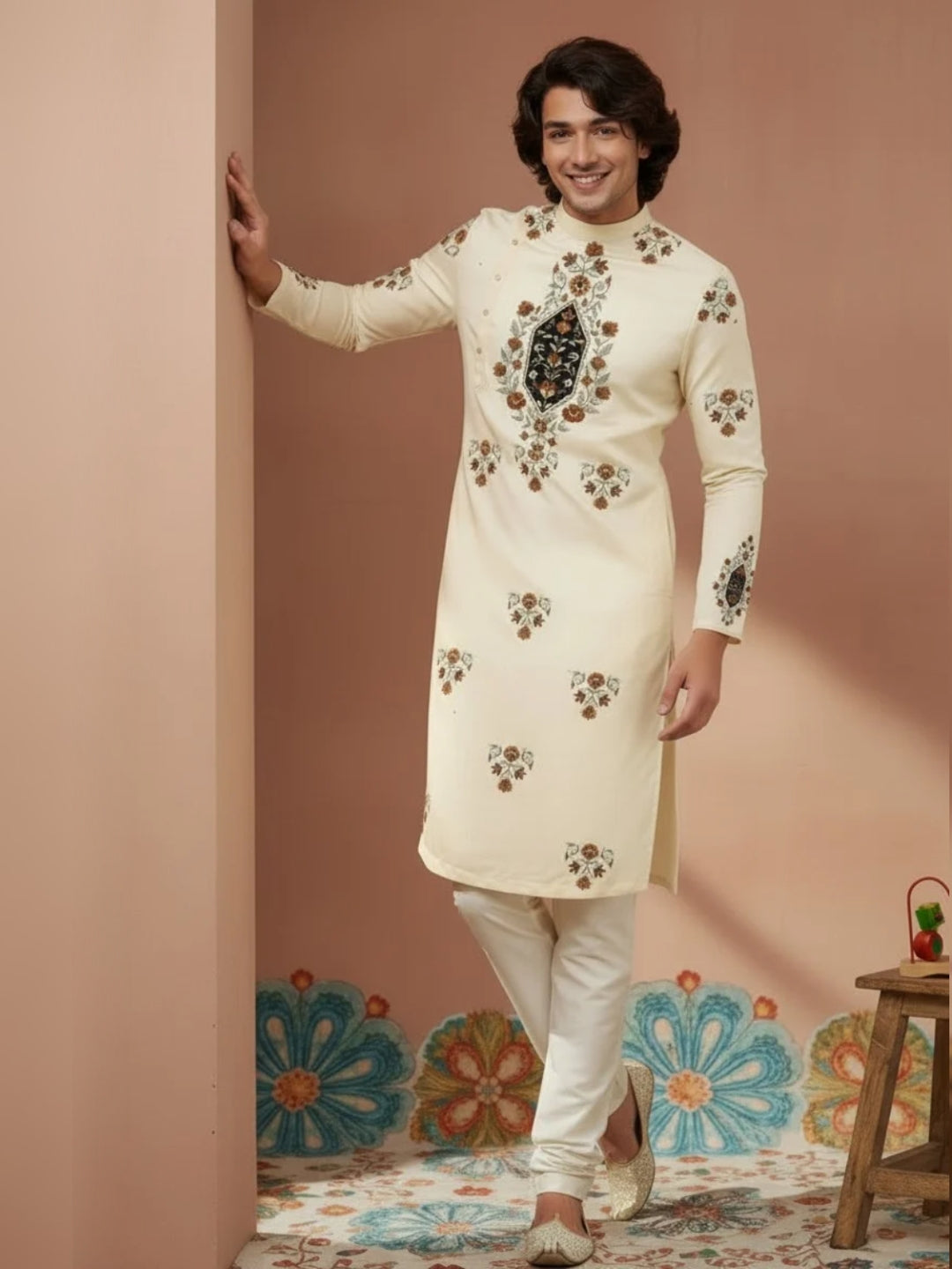 [MGSP-B] Men's Beige Ethnic Print Side Placket Cotton Kurta Set