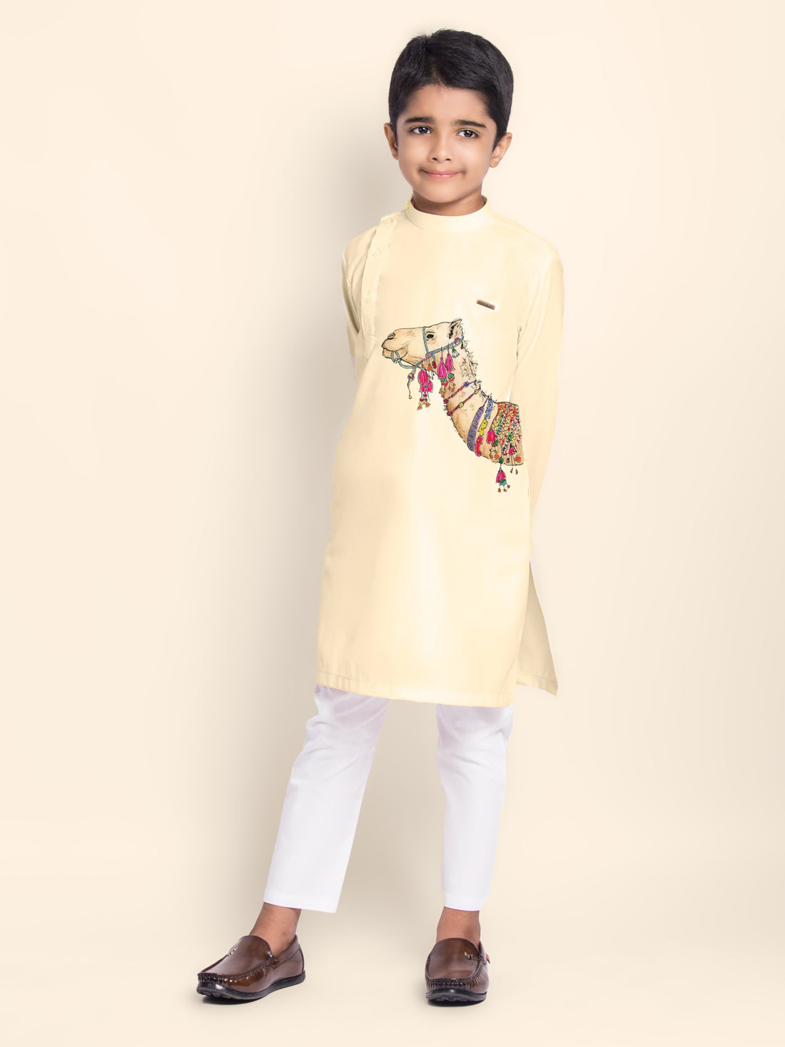 Boys Beige Printed Kurta With Pyjama