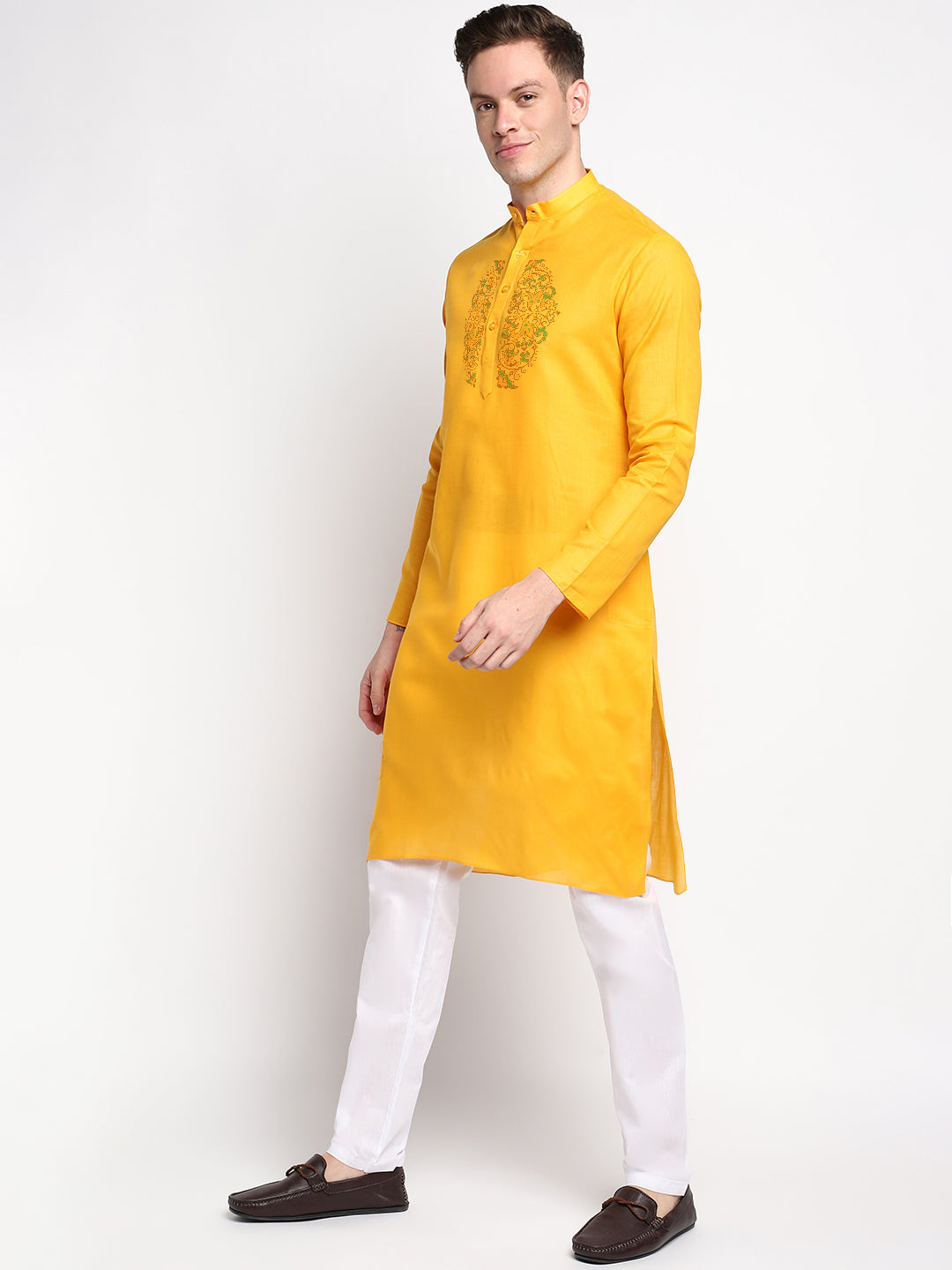 Band Collar Cotton Straight Kurta With Pyjama Set