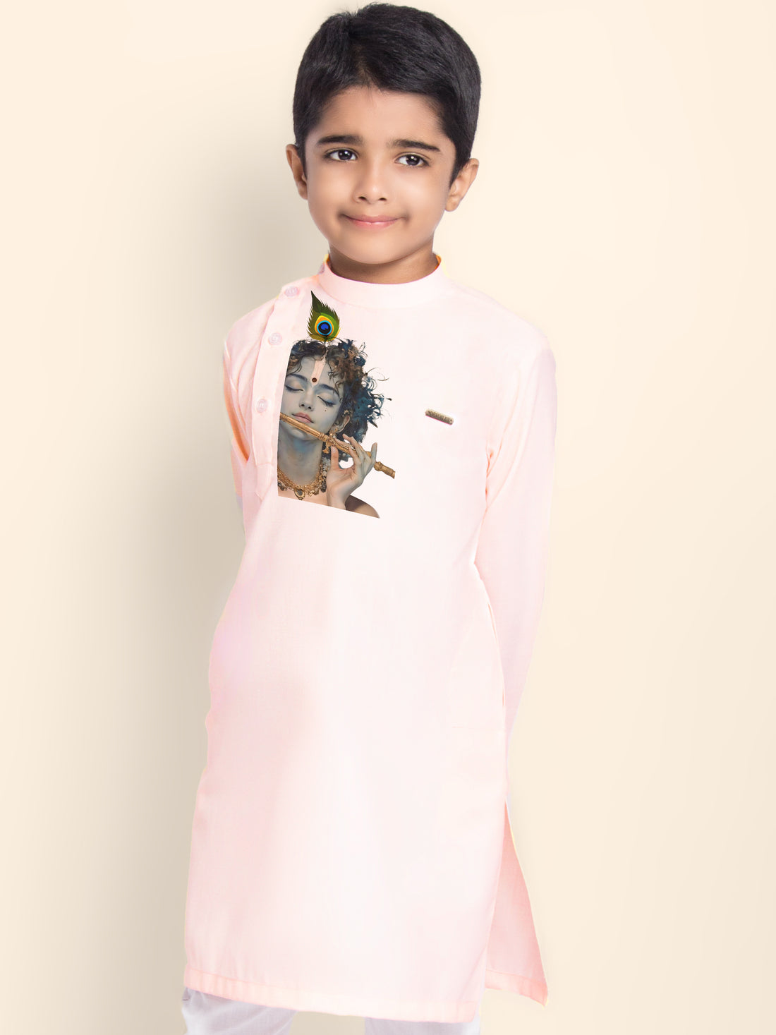 Boys Pink Cotton Kurta Pyjama with Lord Krishna Print