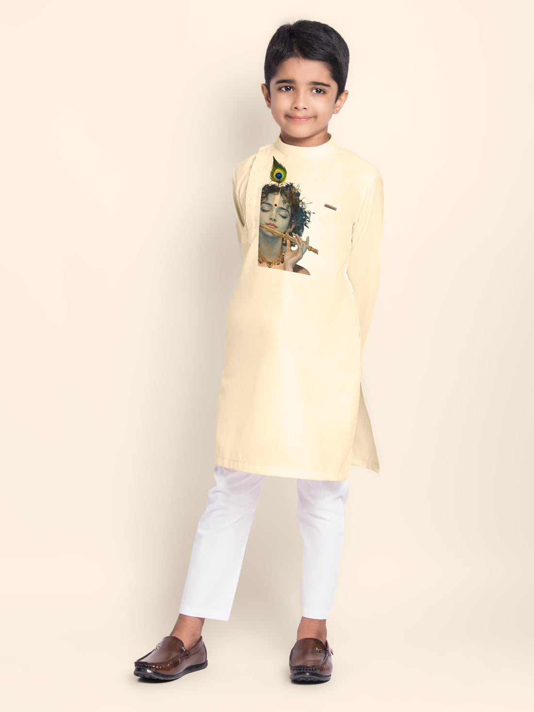 Boys Light Yellow Cotton Kurta Pyjama with Lord Krishna Print