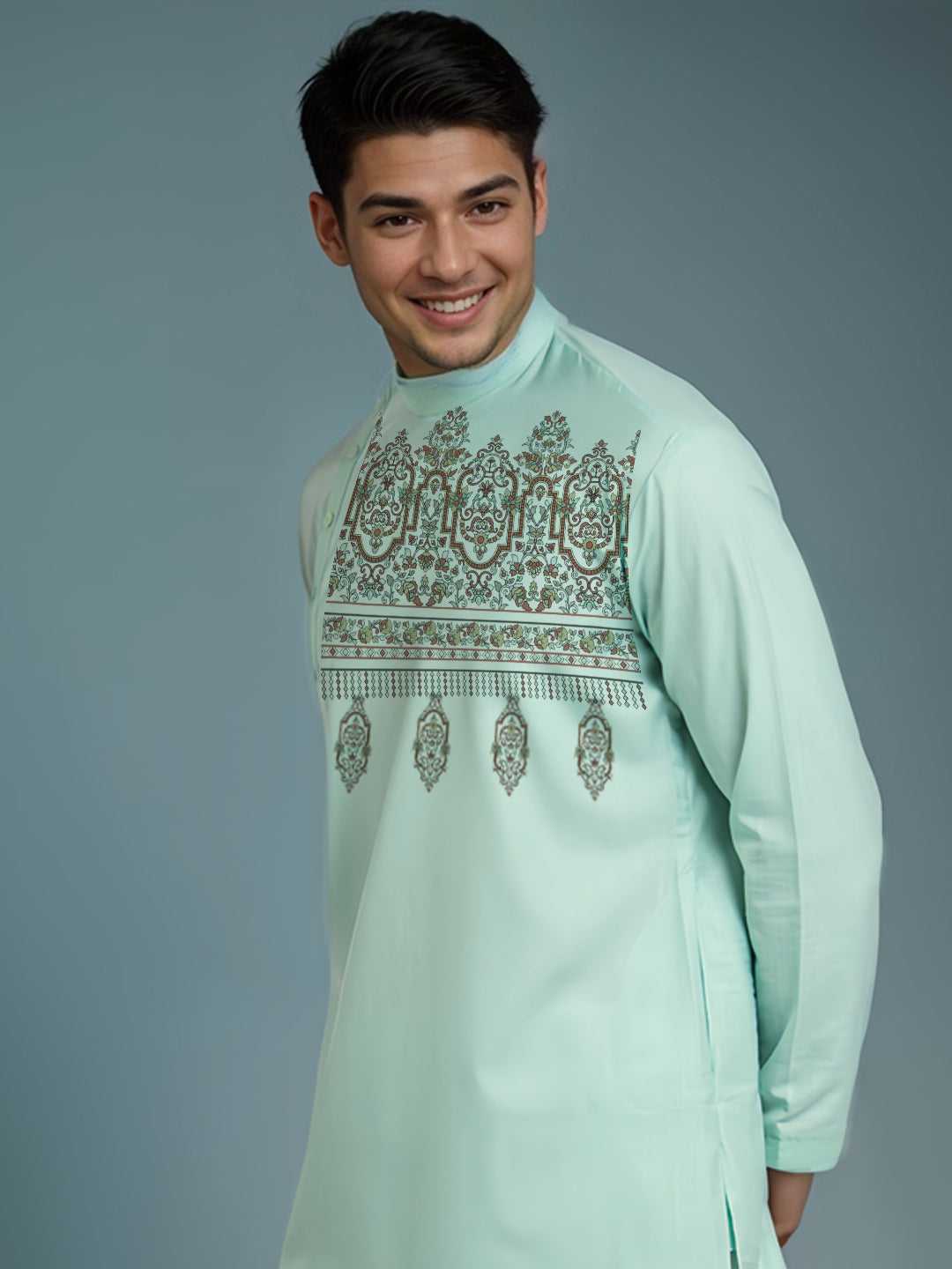 Mens Green Side Placket Printed Kurta With Pyjama Set