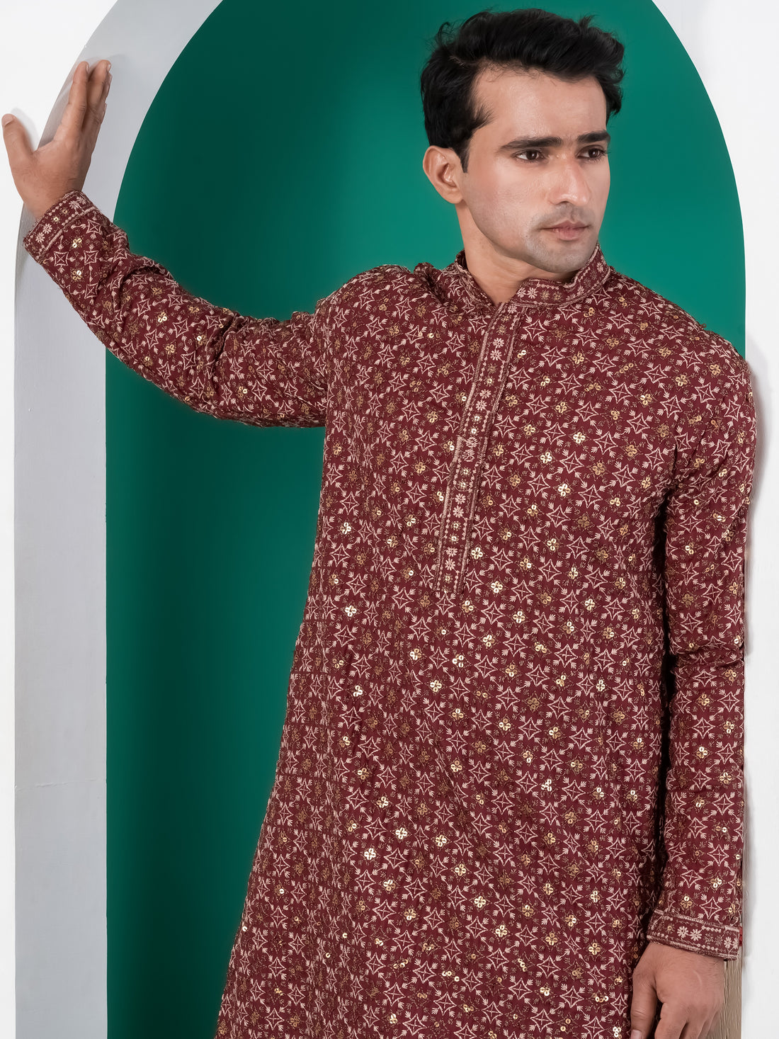 [CBE] Men's Marron Embellished Viscose Rayon Kurta Set