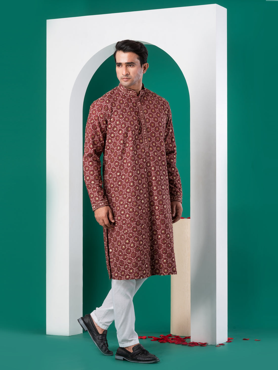 [CBE] Men's Marron Embellished Viscose Rayon Kurta Set