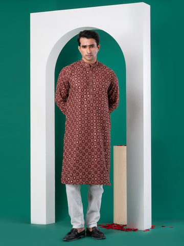 [CBE] Men's Marron Embellished Viscose Rayon Kurta Set