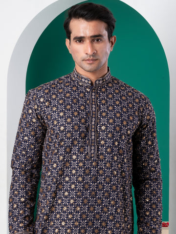 [CBE] Men's Navy Blue Embellished Viscose Rayon Kurta Set