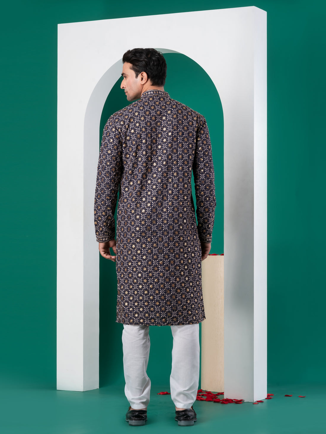 [CBE] Men's Navy Blue Embellished Viscose Rayon Kurta Set