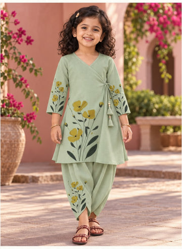 Girls' See Green Cotton Kurti with Tulip pant Set – Printed