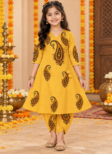 Girls' Mustard Cotton Kurti with Tulip pant Set – Printed