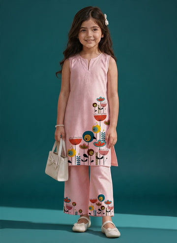 Girls' Pink Cotton Kurti and Semi Palazzo Set – Printed