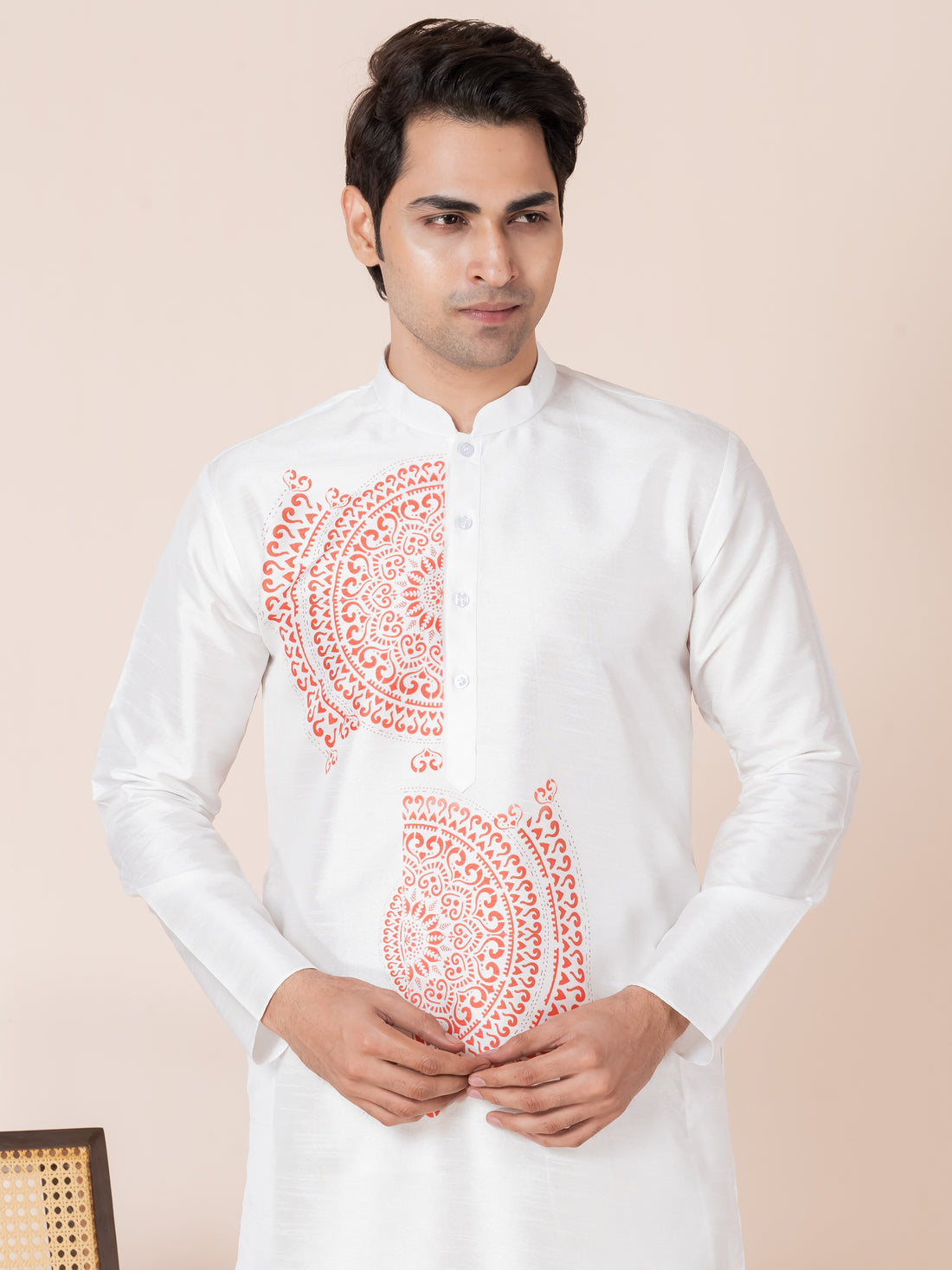 Mens White Printed Kurta Pyjama Set